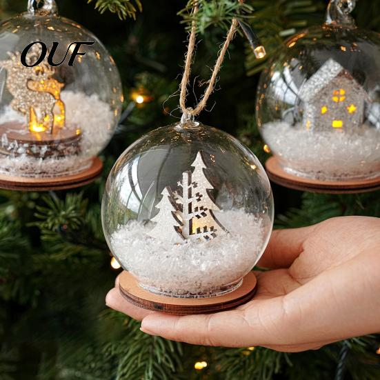 LED Lit Christmas Keepsakes Lighted Glass Ball Ornament, Winter Snow Scene Tree Festive Accessories Hanging Bauble with Reindeer Cabin for Decorations