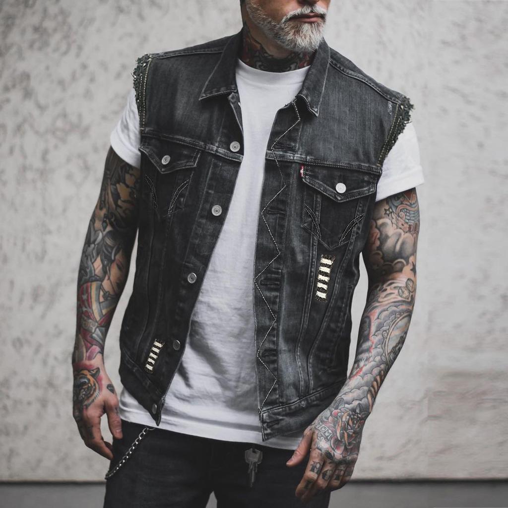 Mens Motorcycle Vest Skull Print Hip Hop Punk Rock Biker Denim Vest Waistcoat Hole Ripped Cotton Sleevless Jean Jacket Coat