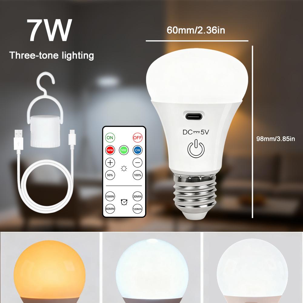 RGB/3 Color USB Led Bulb Rechargeable Light Bulb Smart Bulb Dimmable E27 Bulbs with Timing Cordless Battery Operated Light Bulb