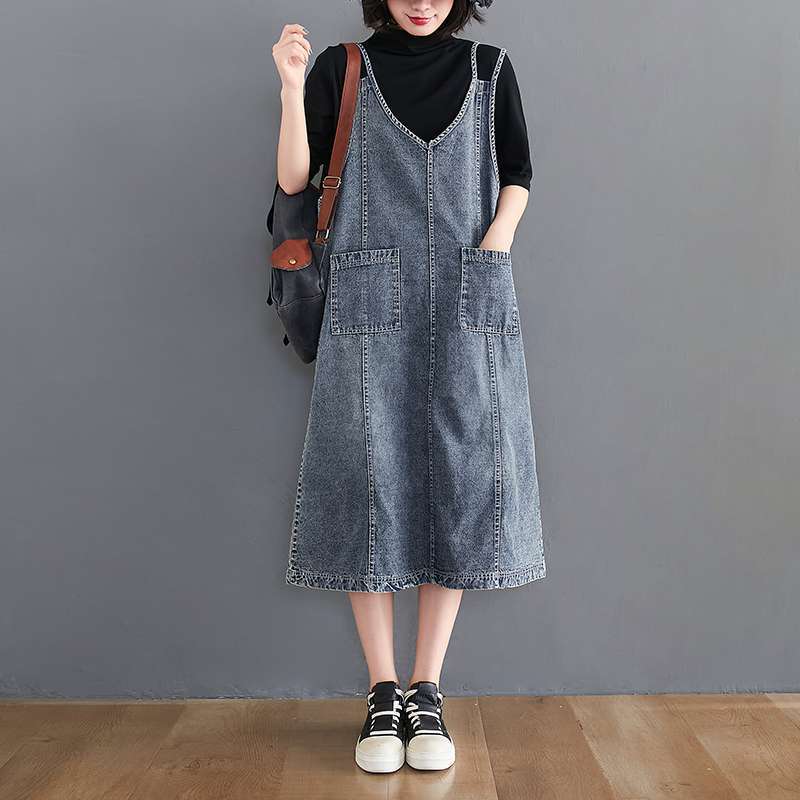 Women Summer Dress Sleeveless Dress Elegant Long Dress Loose Denim Blue Basic Dresses