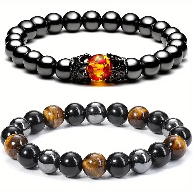 Амулет для защиты, обсидиан, тигровый глаз, натуральный круглый драгоценный камень, бусины, мужские и женские лечебные кристаллы, удача, 2 шт./комплект, браслет 10 мм