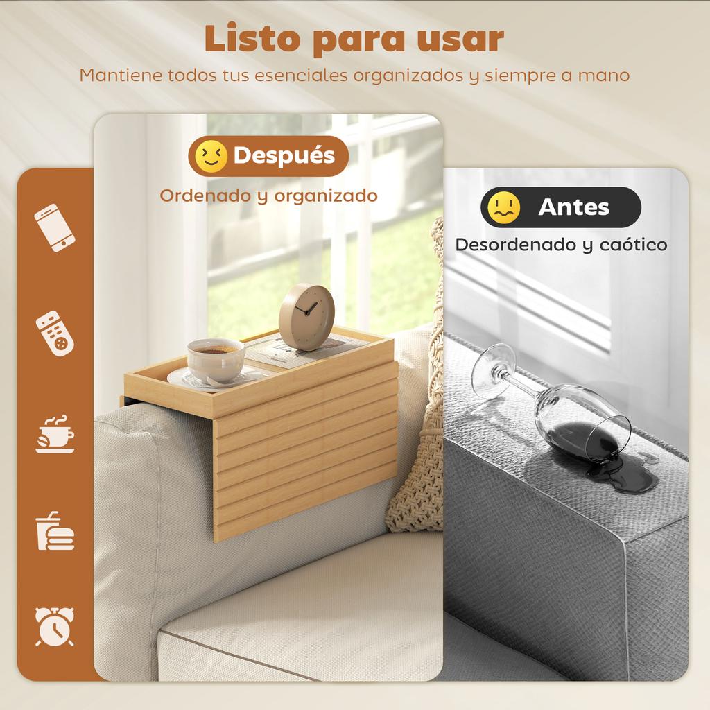 Bamboo Sofa Arm Tray, Foldable, Non-Slip Base, for Snacks Phones Drinks