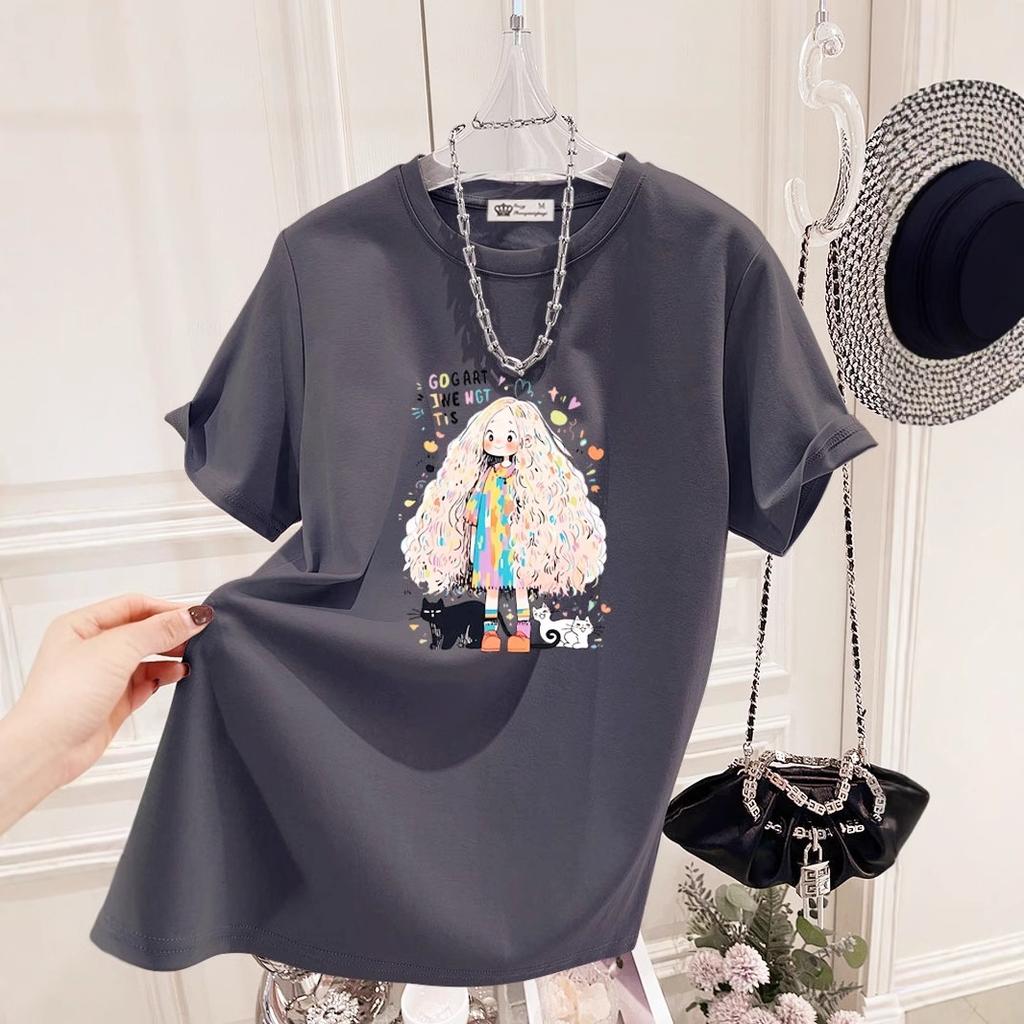 Новая летняя корейская модная женская футболка с короткими рукавами из хлопка и кота, большая версия, для женщин, средняя длина