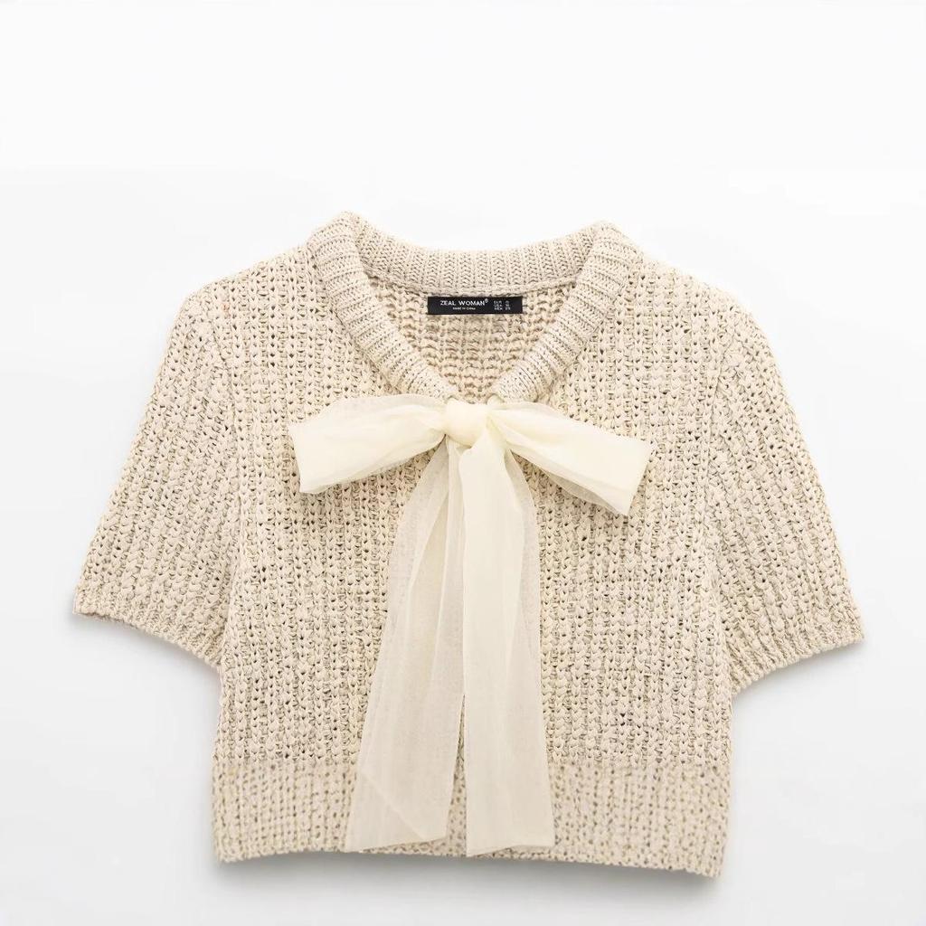 Spring 2025 Women's Fashion: European American Style Transparent Yarn Bow Brooch Cardigan