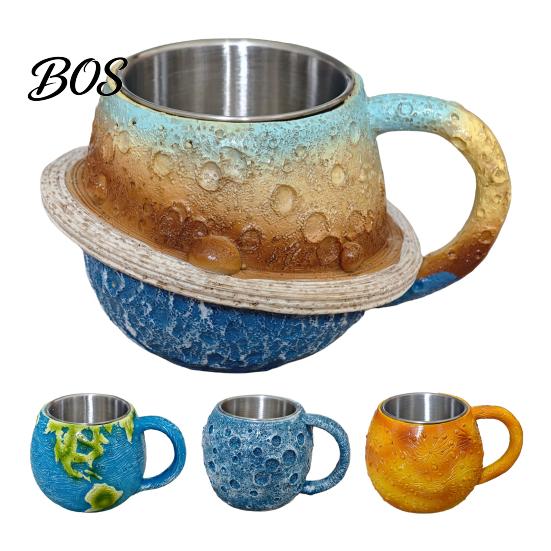 Resin Planet Pattern Cup 300ml 3D Coffee Mug with Stainless Steel Liner, Realistic Solar System Relief Water Decorative Beverage Container Cup,