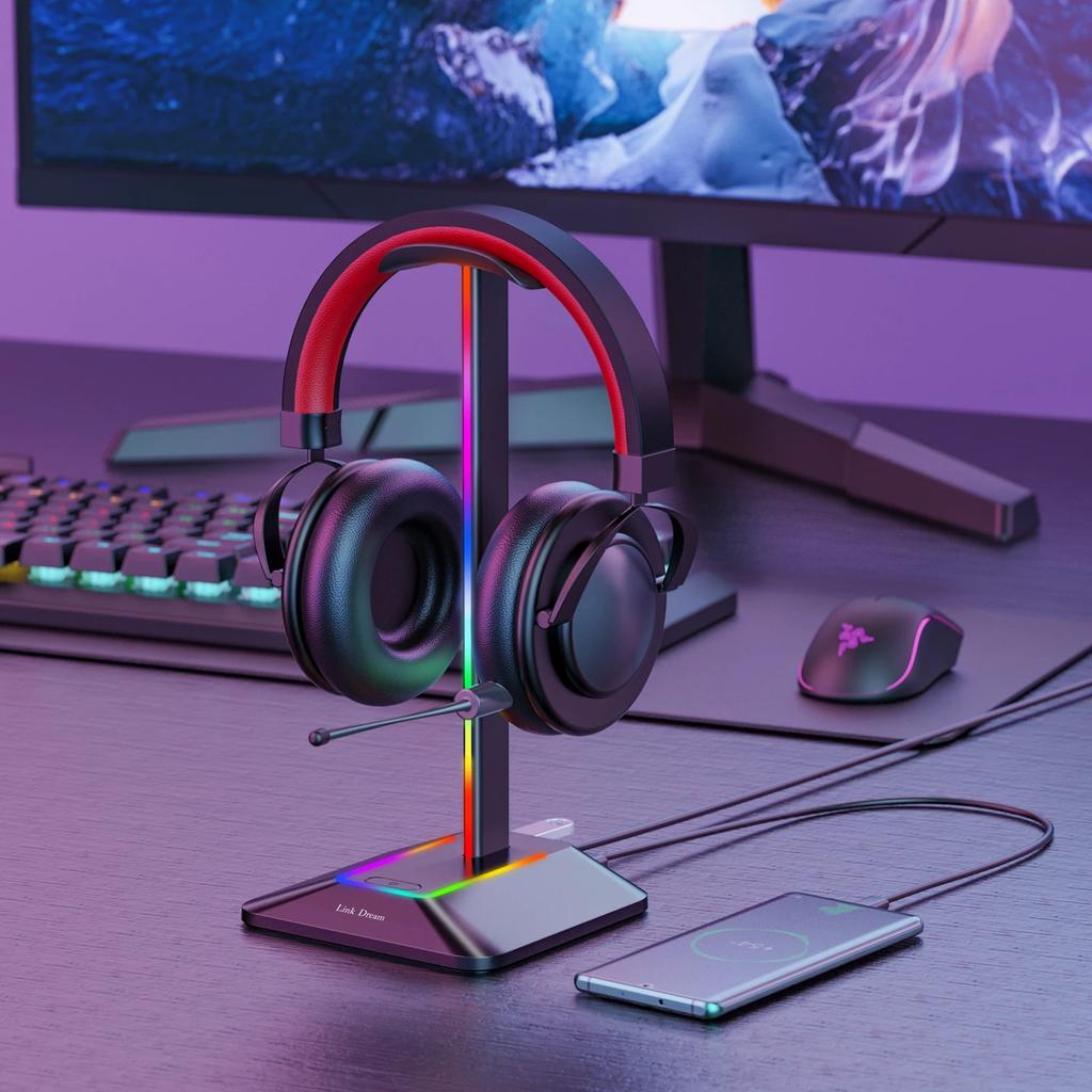 RGB светящаяся подставка-держатель для наушников с 2 USB-портами, настольный игровой держатель для гарнитуры, крутой дисплей, нескользящая резиновая основа для геймера