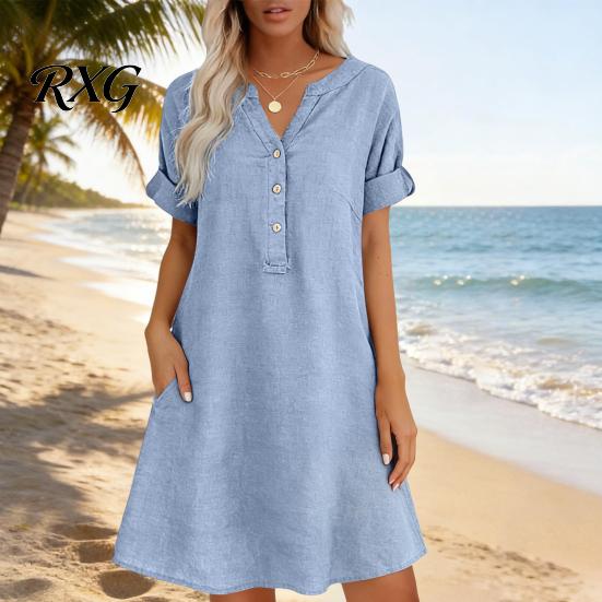 Relaxed Fit Summer Dress Short Sleeve for Women, Casual Button Up V Travel Friendly Neck A-line Dress, Flowy Beach Vacation Sundress with Pockets