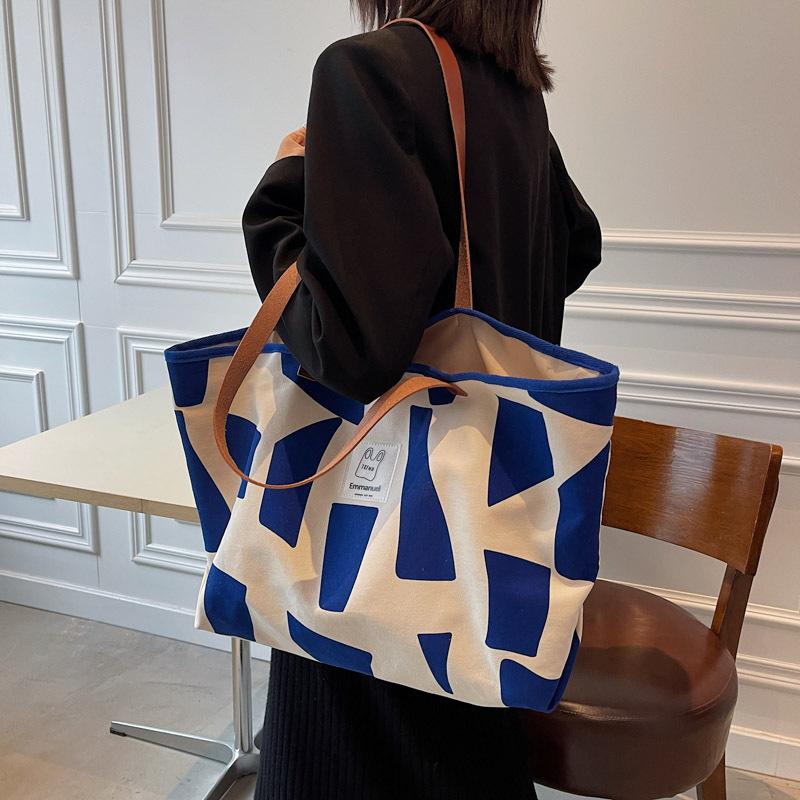 Fall New Plaid Canvas Shoulder Bag Women, Japanese Style Casual Tote Bag, Large Capacity Cotton Shopping Bag, Fashionable and Versatile