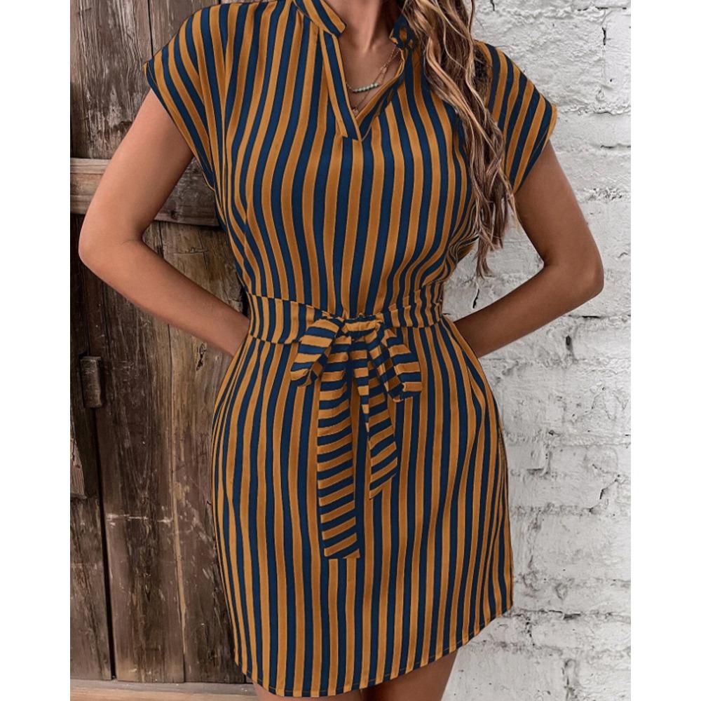 QICED Spring Summer Stripe Print Women's Sleeveless V-neck Slim Striped Lace-up Dress