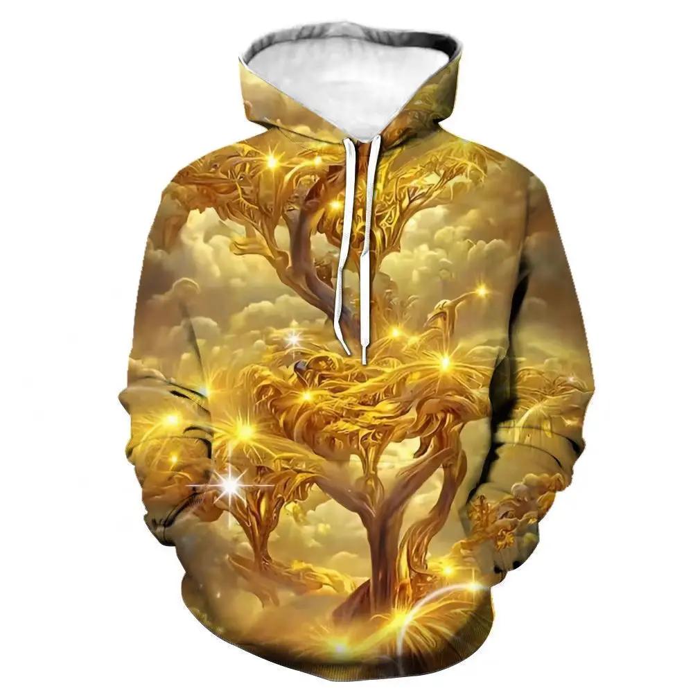 Hooded Sweater Autumn New Golden Light Stacking Series Pattern 3D Printing Hoodie Foreign Trendy Men's Jumper Hip Hop Loose