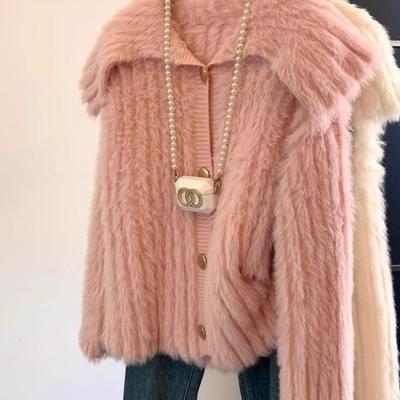 Мягкий клейкий имитация норкового бархата лацкан кардиган женский осенне-зимний золотая пряжка куртка нежный молочный хуху утолщенный свитер