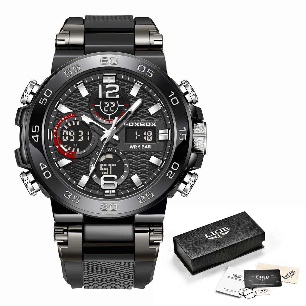 LIGE Men's Sports Watch 5ATM Waterproof Luminous Digital Dual Display Quartz Watch Fashion Chronograph