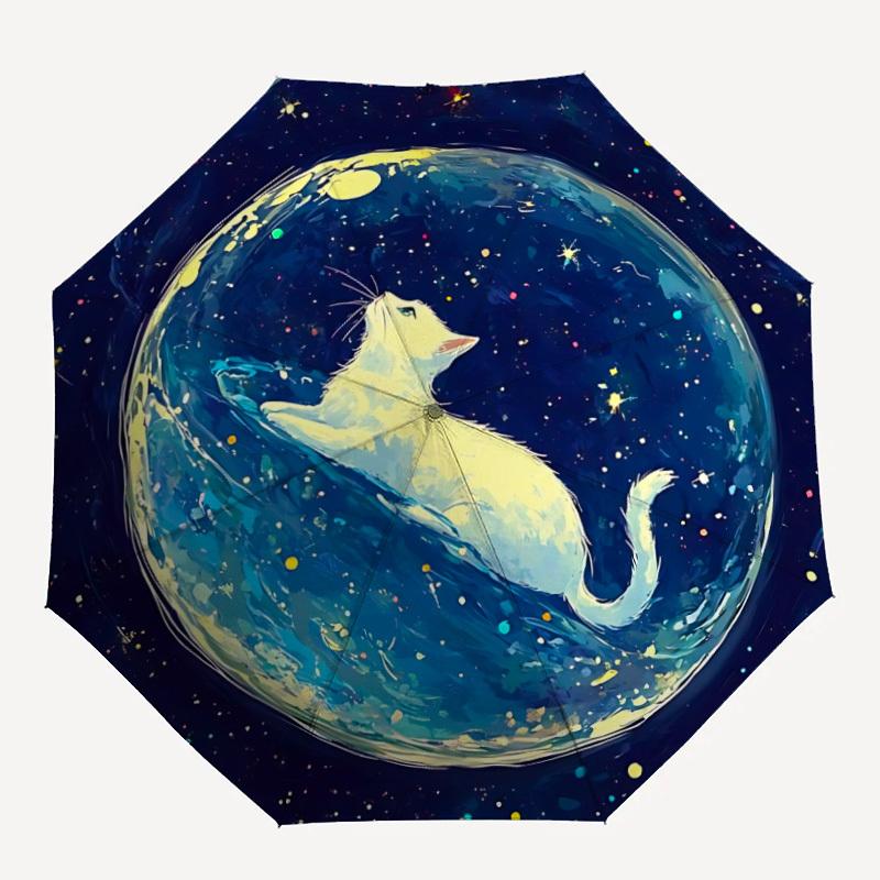 1 шт. Автоматический складной зонт с рисунком «Космический кот» - Компактный, 8 ребер, Прочный пластик и железо, Легкий для использования на улице и в повседневной жизни045