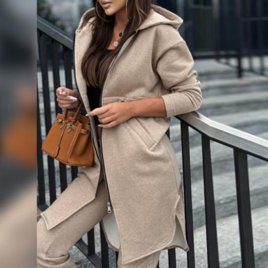 Женский комплект из 2 шт./компл., пальто, брюки, с капюшоном, нерегулярный разрез, застежка-молния с длинным рукавом, свободные флисовые однотонные брюки с эластичной резинкой на талии, ремешки на щиколотке