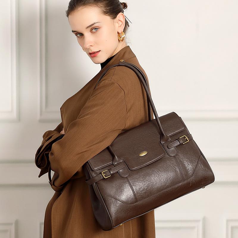 Simple First Layer Cowhide Leather Large Capacity Bag Commuter Retro Handbag Fashion Shoulder Underarm Tote Bag
