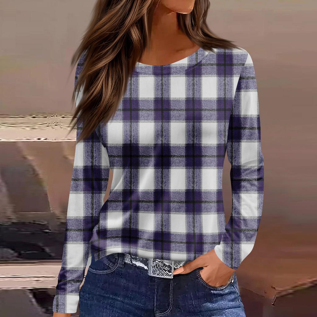 Women's Fashion Casual Slit Hem Round Neck Long Sleeve Loose Printed T-Shirt Ladies Top