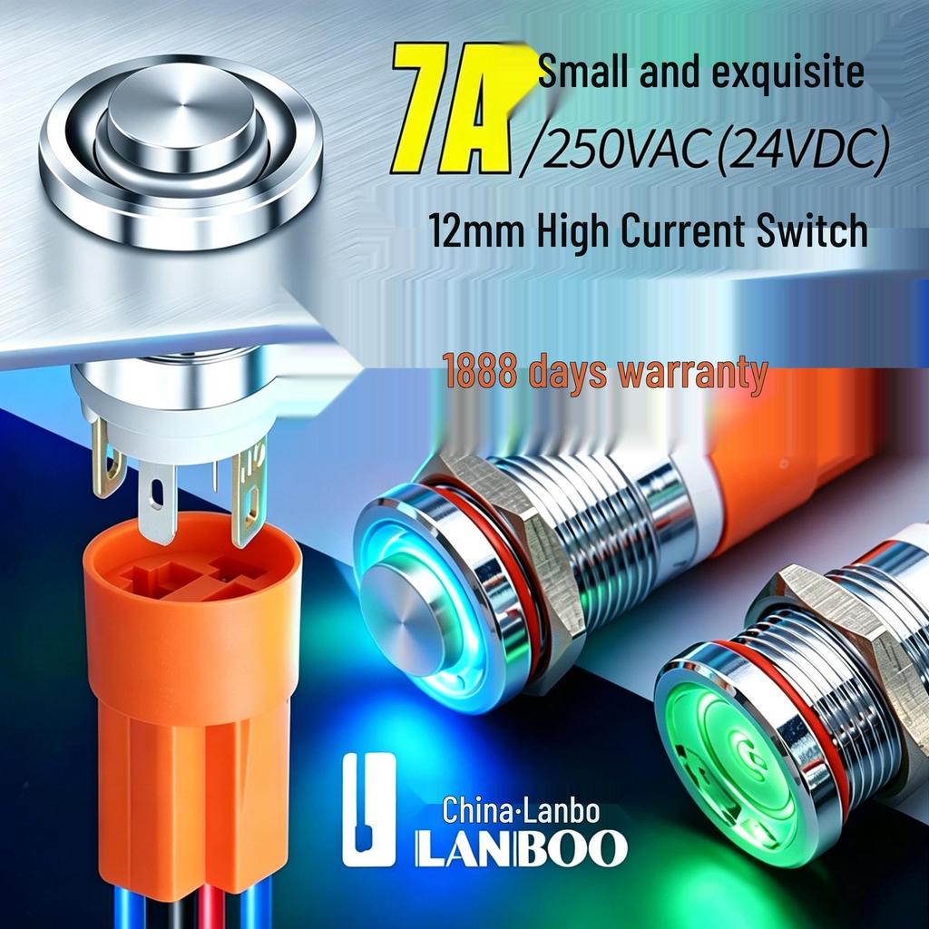 Lanbo 12mm Waterproof Metal Button Switch, Self-Locking, Reset, 5-24V, Stainless Steel