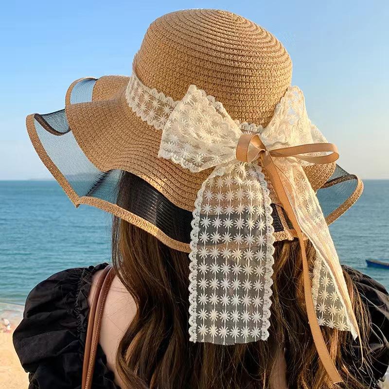 Шляпа от солнца с цветочной лентой для женщин, пляжный отдых, милая кружевная шляпа от солнца, летняя соломенная шляпа с большими полями