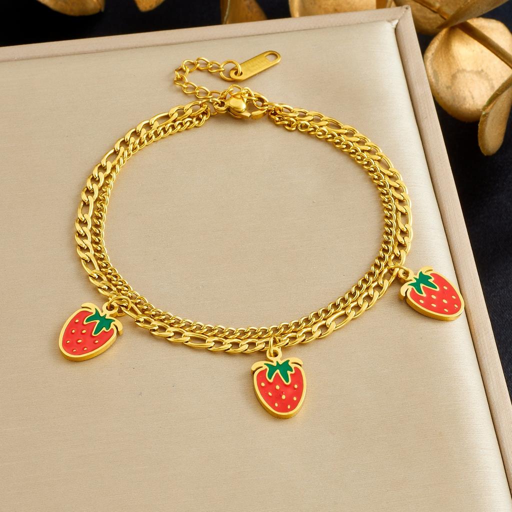 316L Stainless Steel Cute Fruit Strawberry Charm Bracelet For Women Girl Fashion New Trendy Jewelry Party Gift