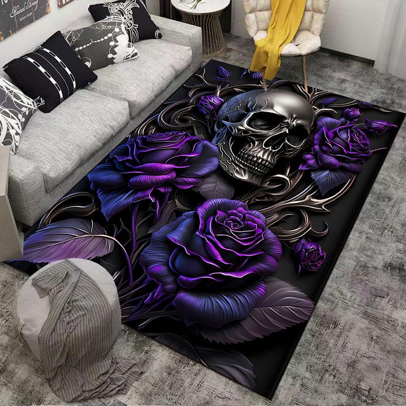 Skull with Purple Roses Artwork suitable as a non-slip mat for the living room or bedroom sofa