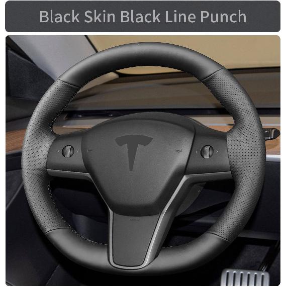 Hand Sewn Steering Wheel Cover,Fit For Tesla Model 3 2017-/Model Y -,Non-Slip Breathable Microfiber Leather Steering Wheel Cover On Wrap Car Interior