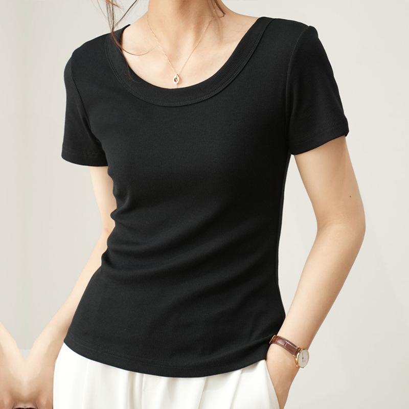 High Elastic Fine Thread Cotton T-shirt Women's Short-sleeved Summer New U-neck Casual Style Gas Shirt Bottoming Top