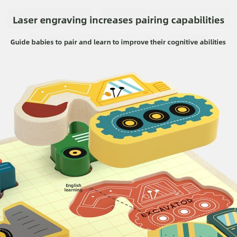 Engineering Wooden Vehicle Puzzle Blocks For Kids Learning Shape Recognition