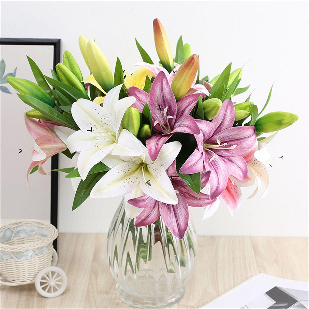 Ornament Desktop Home  Decor Two Flowers and One Bud Artificial Plants Fake Lily Artificial Flower