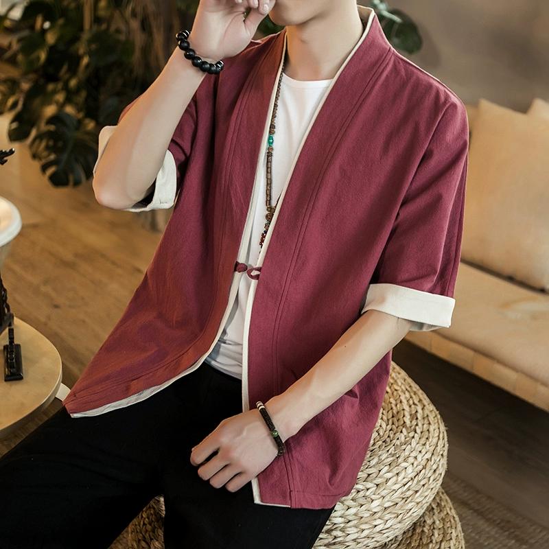 Summer Men Kimono Jackets Cardigan Lightweight Casual Cotton Blends Linen Seven Sleeves Open Front Hanfu Coat
