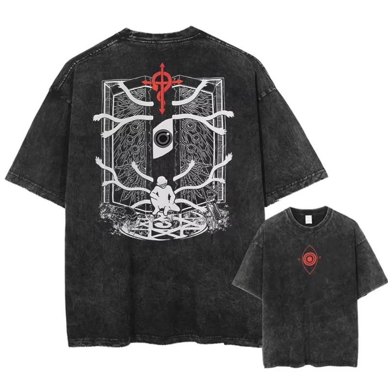 Винтажная футболка Харадзюку Уличная одежда Японское аниме Графический принт Выстиранная Футболка с коротким рукавом Оверсайз Мужские футболки Топ Унисекс