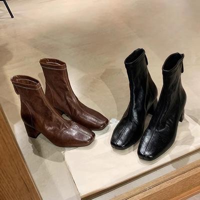 Виноградная мать осень и зима новые маленькие квадратные носки старая усадка лошадиная кожа тонкие универсальные толстый каблук тонкие короткие ботинки женские