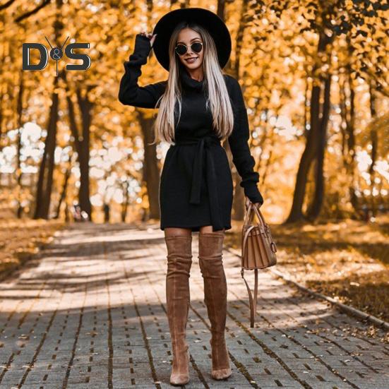 Платье женское осень-зима на шнуровке с высокой талией, высоким воротником, длинными рукавами, облегающее, плотное, теплое, мини-платье