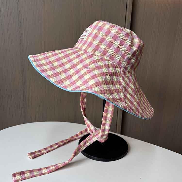 New ins plaid strappy bucket hat women's summer outdoor travel big brim double-sided sun protection visor hat