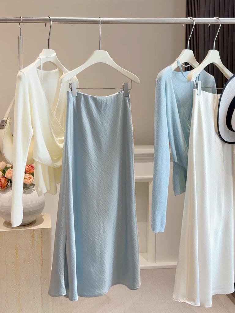 Элегантная атласная юбка-русалка для женщин - Весна 2026, А-силуэт, с высокой талией, стройнящая, с драпировкой, длинная юбка
