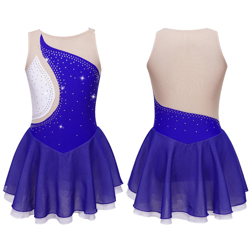 Платье для фигурного катания для девочек, без рукавов, сетка, стразы, блестящее платье для фигурного катания, одежда для танцев