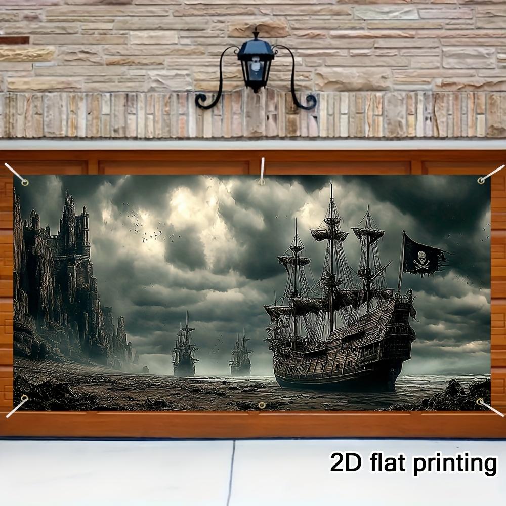 2D flat plate, 2D door curtain, 1 pirate ship garage sign - 2D flat printing of an abandoned pirate ship pattern