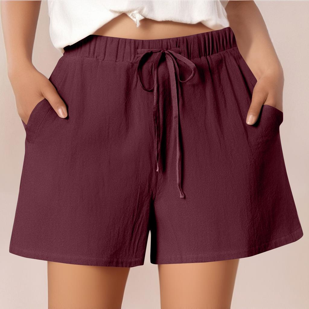 Женские повседневные хлопковые и льняные однотонные свободные шорты со шнуровкой и эластичным поясом длиной три четверти