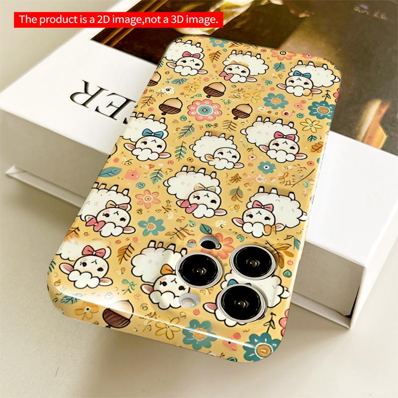 2DFlat Cute Sheep and Flower Pattern Phone Case All inclusive film hard iPhone case, compatible with iPhone 18 Pro Max 17 16 15 14 13 12 11