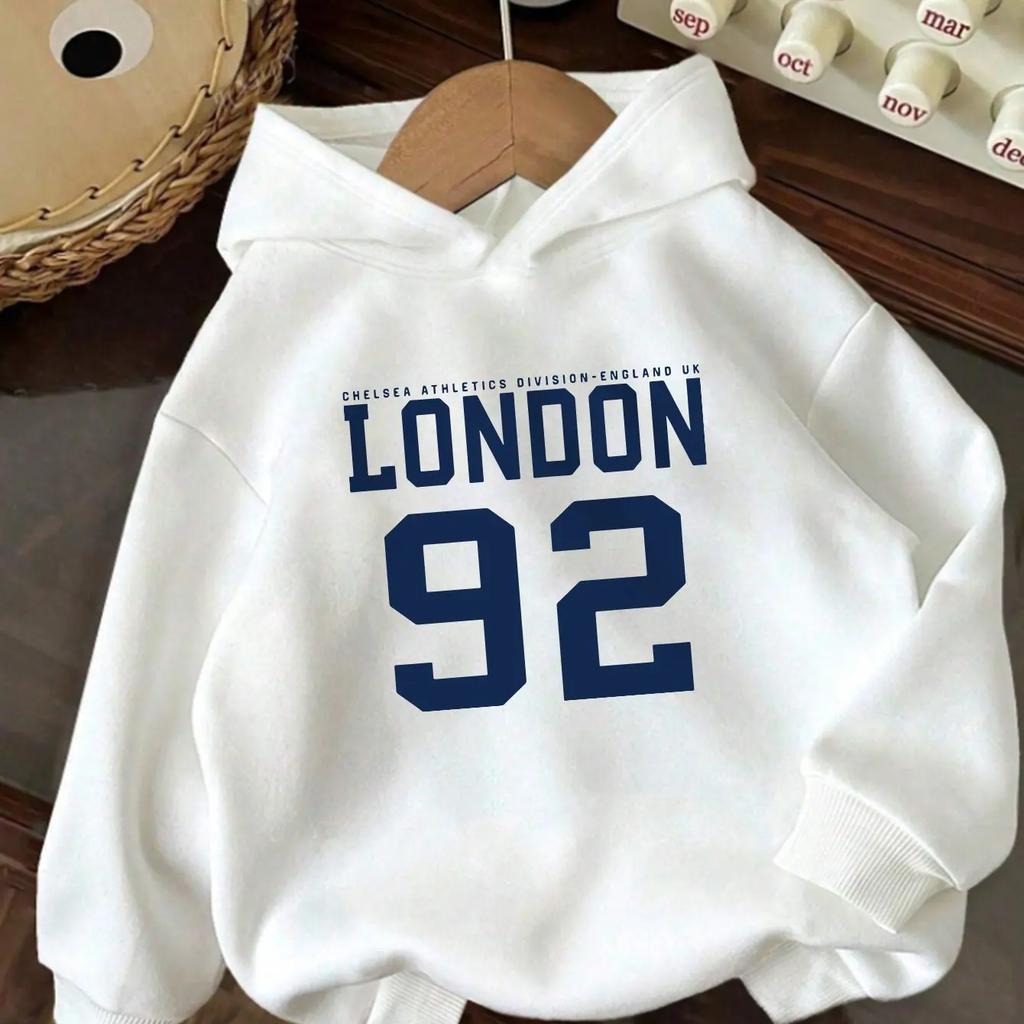 Kids Hoodie LONDON 92 Letter Print Pullover Hooded Sweatshirt Boys Girls Casual Long Sleeve Top