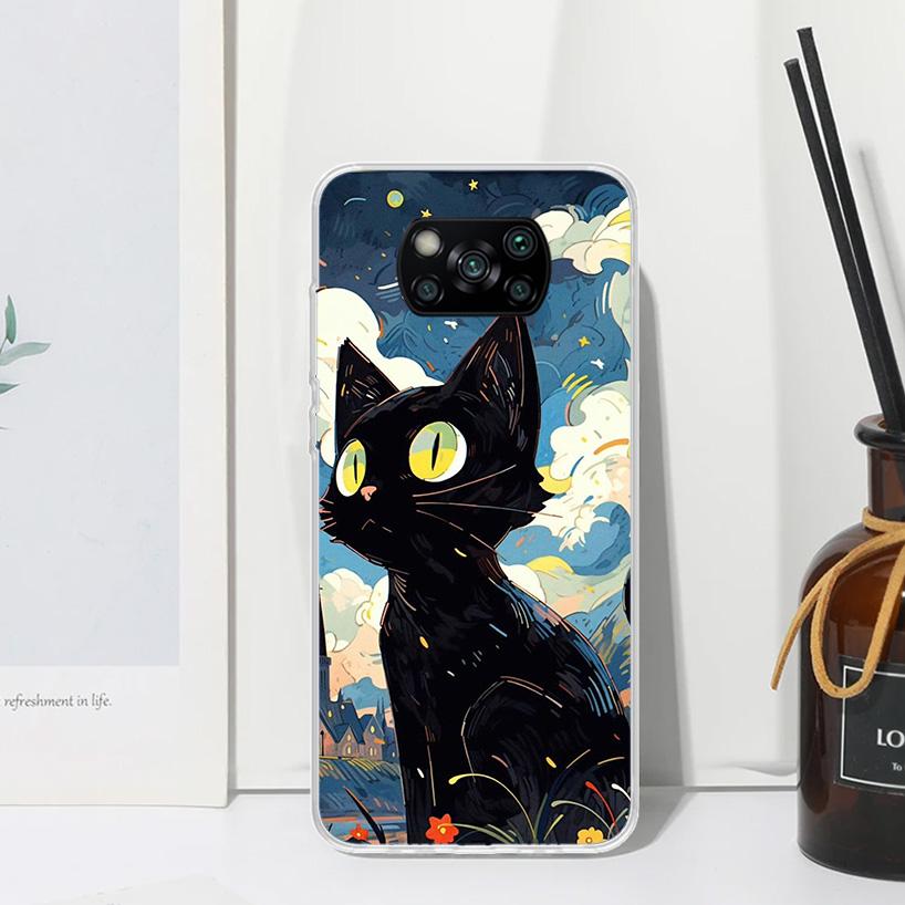 Anime Cute Black Cat Meow Phone Case For Xiaomi Poco X7 X6 X5 M7 M8 Pro F7 Ultra Redmi 15C 15 13C 13 12C 12 10 10C 10A Art Funda