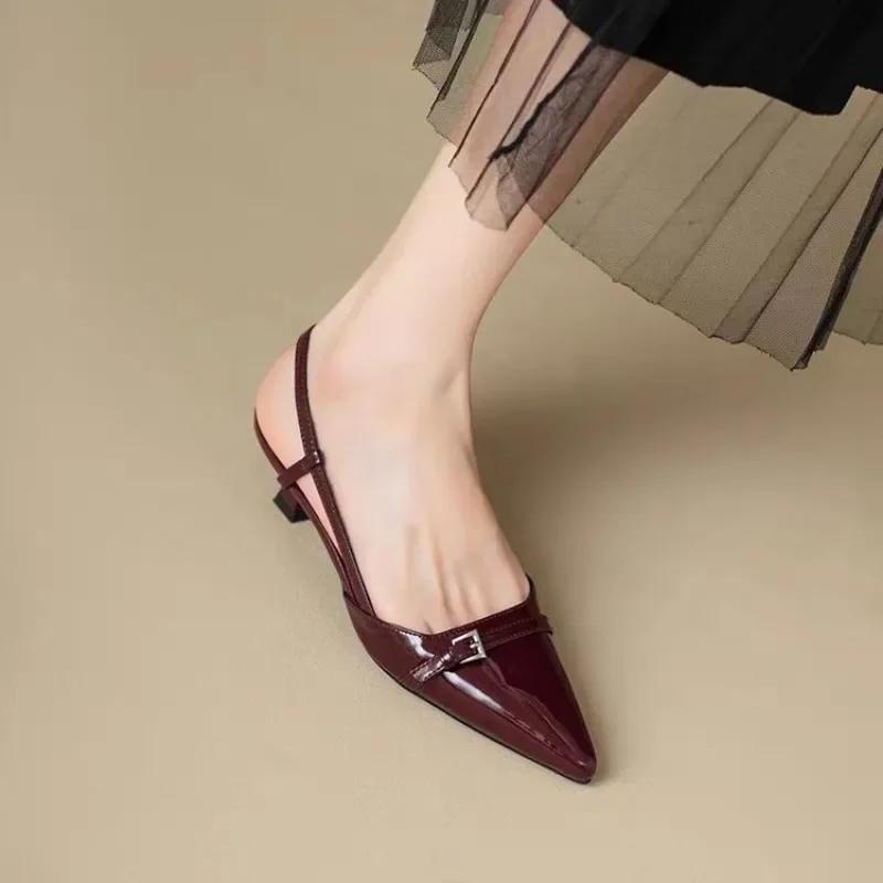 Sexy Women Sandals Low Heels Pointed Toe Ladeis Shoes for Women Designer Slingback Shoes Patent Leather Sandals Wedding Shoes