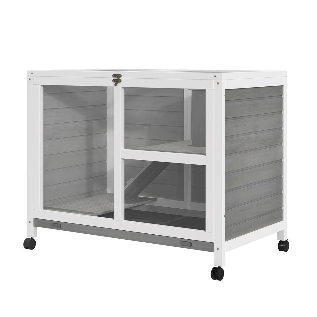 Small animal hutch with 2 levels, 4 wheels, sealed fir wood, grey