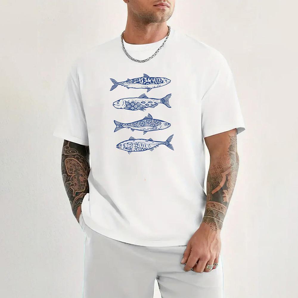2026 New Fish Pattern Print High Quality 100 Cotton Tshirt with Round Neck Summer Trend Short Sleeves Street Hip Hop Top