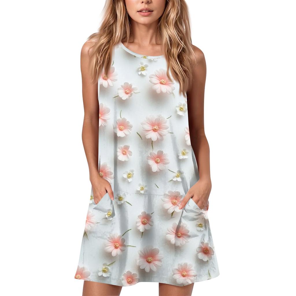 Женское летнее повседневное платье с круглым вырезом и принтом, платье без рукавов с карманами