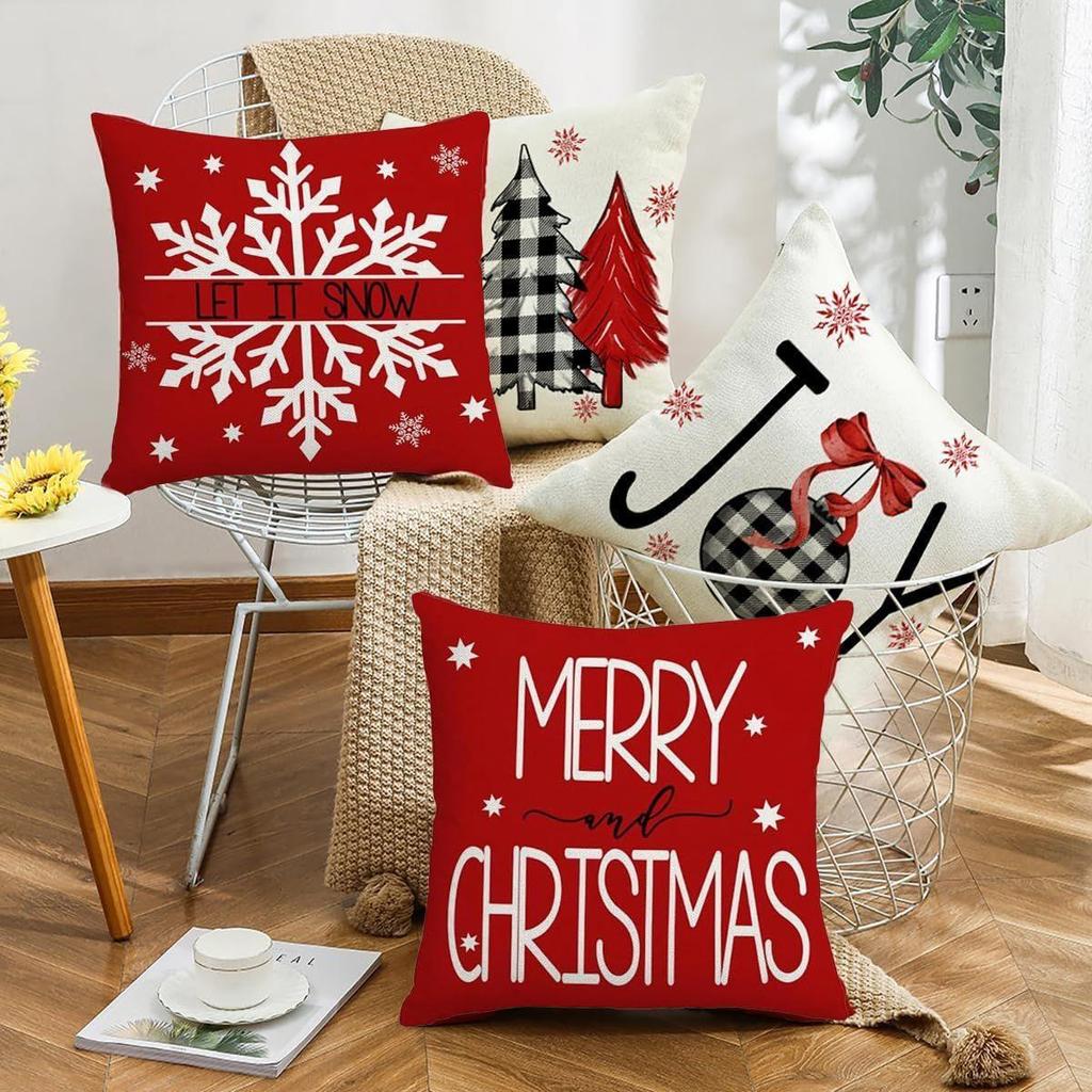 4Pcs Christmas Cushion Covers 16 Inch X 16 Inch Christmas Decorations Items Christmas Xmas Tree Snowflakes Print Throw Pillow Cover