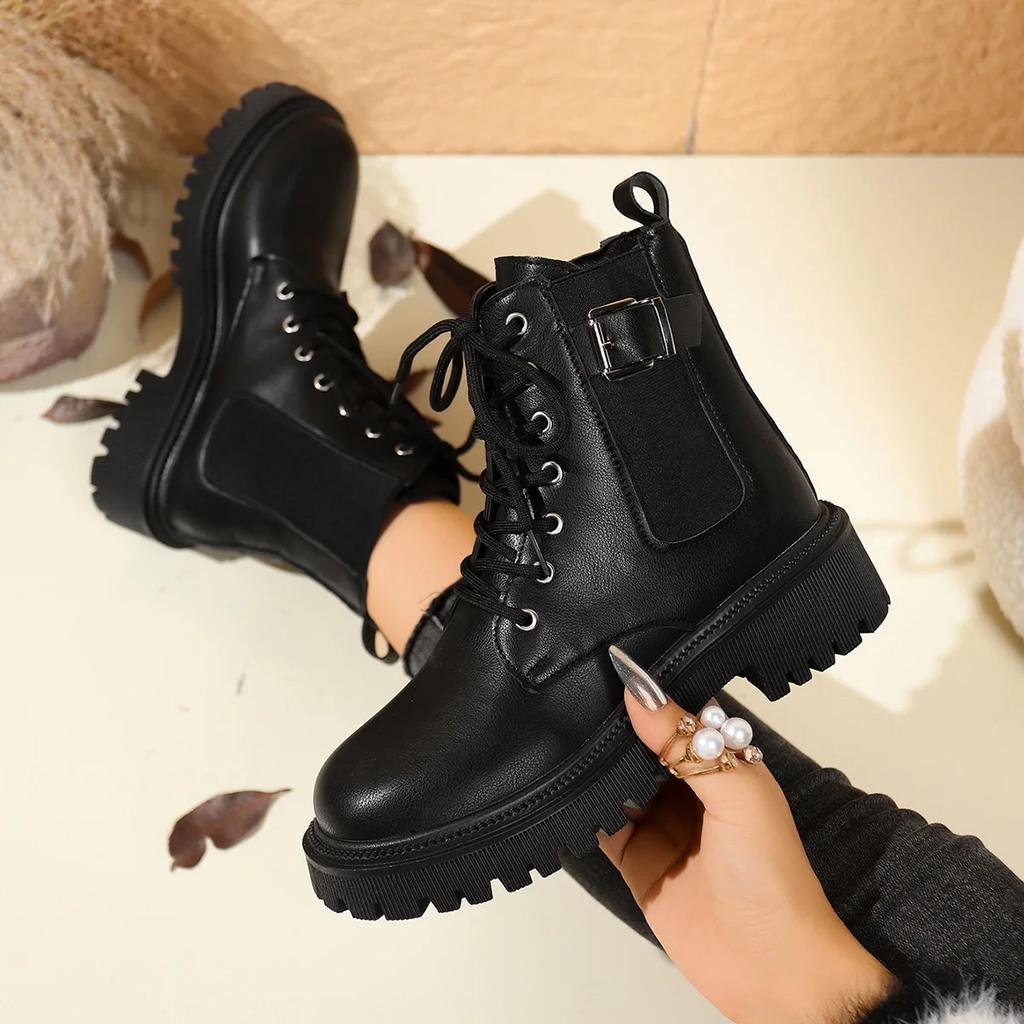 Omen's Boots Classic Black Casual Leather Boots Lace Up Ankle Boots for Women Non-slip Platform Booties Botines Para Mujeres