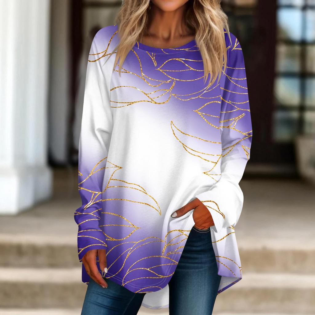 Women's Casual  Plus Size Long Sleeved Round Neck Printed T-shirt Top Pullover
