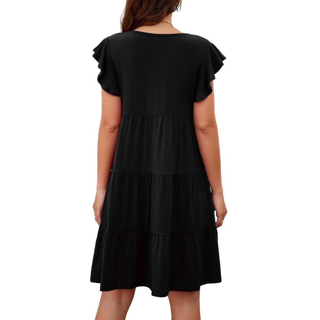 Summer Beach Dress For Women Casual Round Neck Tunic Ruffle Short Sleeve A-Line Tiered Babydoll Dress Flowy  Dress