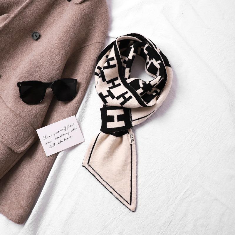 New Knitted Small Scarf Women's Wool Scarf Autumn and Winter Small Ears Letter Camellia Narrow Scarf