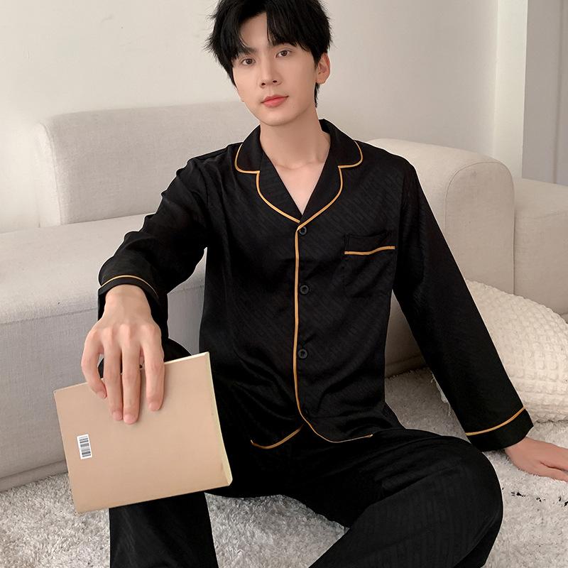 Premium Ice Silk Jacquard Couple Pajama Set - Long Sleeve, Long Pants, Plus Size, Men's & Women's Homewear